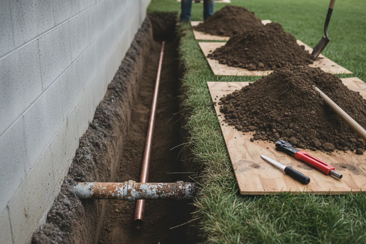 Excavated water line trench during Water Softener Installation in Holder